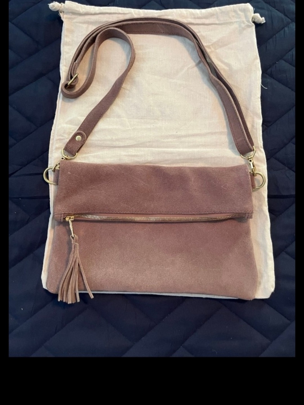 Parker Clay Makeda Suede Foldover Crossbody Bag Gray Taupe Color